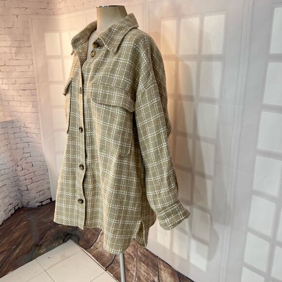 H&M Women's Tan Cream Window Pane Collared Button Down Shacket Size XL - Picture 4 of 11